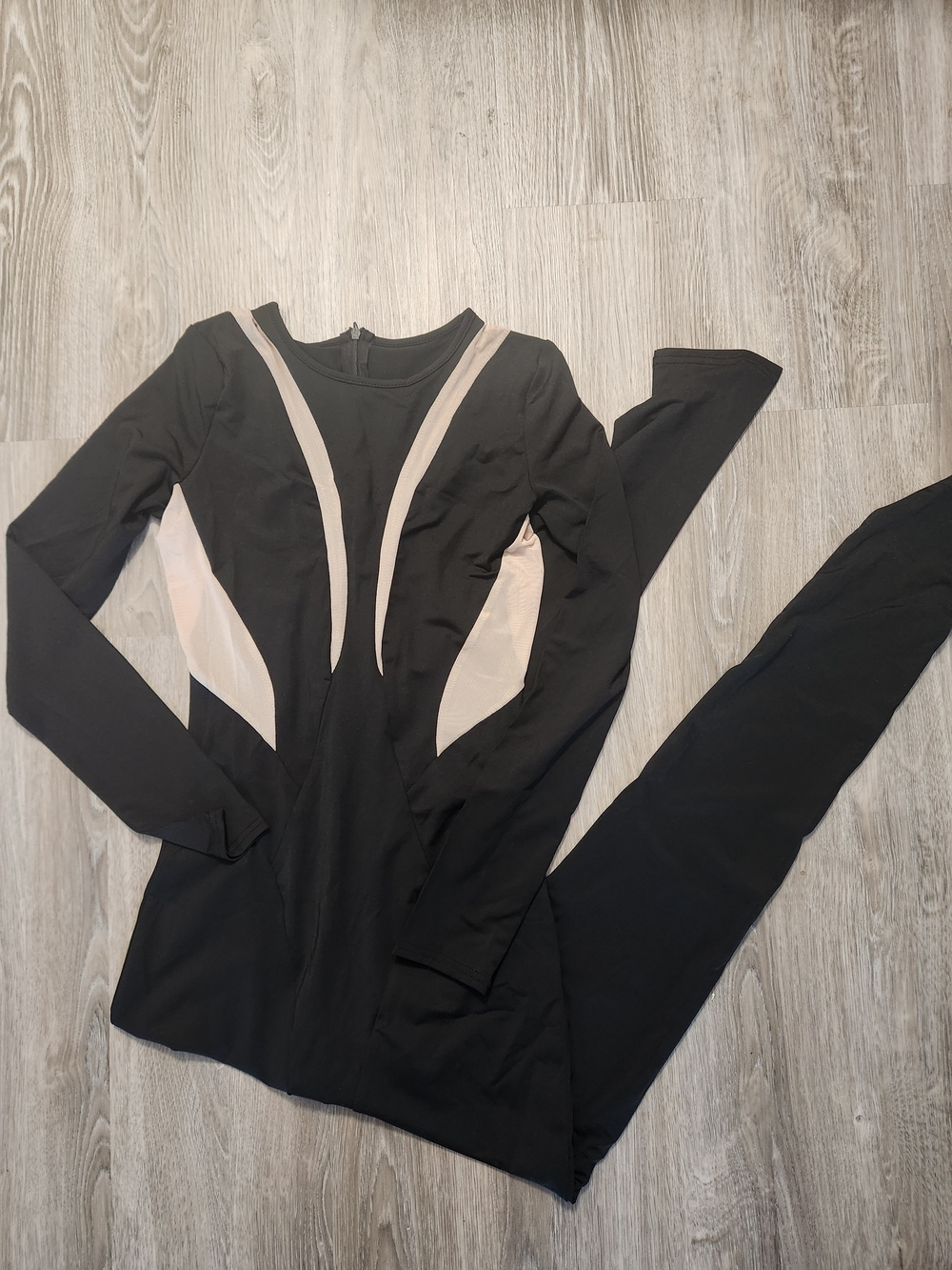 Women’s Black Long-Sleeve Jumpsuit with Cream Panels